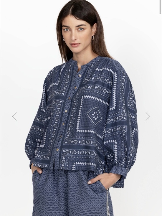 Johnny Was Tops - Johnny Was "Patched Ikat" linen blouse features a denim blue patchwork print,S.